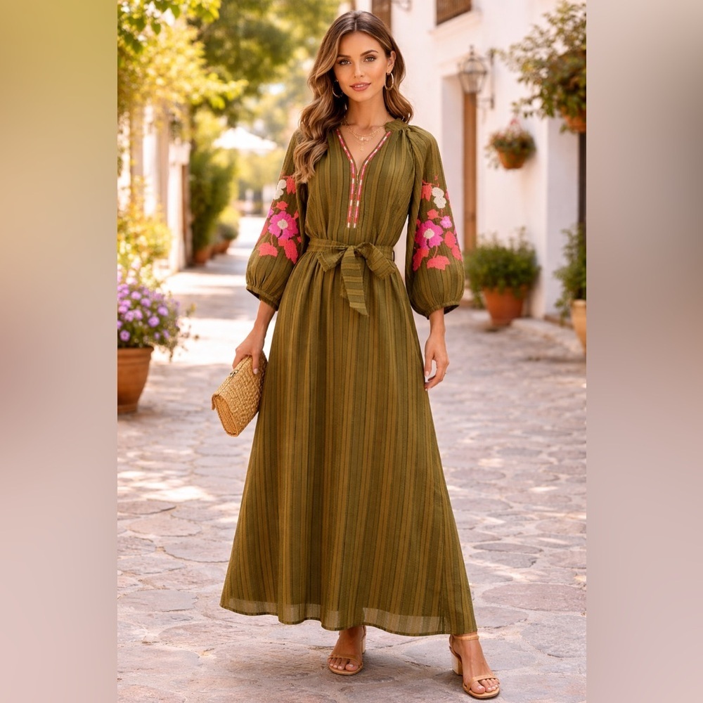 THML Olive Green Embroidered Striped Floral Maxi Dress L Ballon Sleeve.